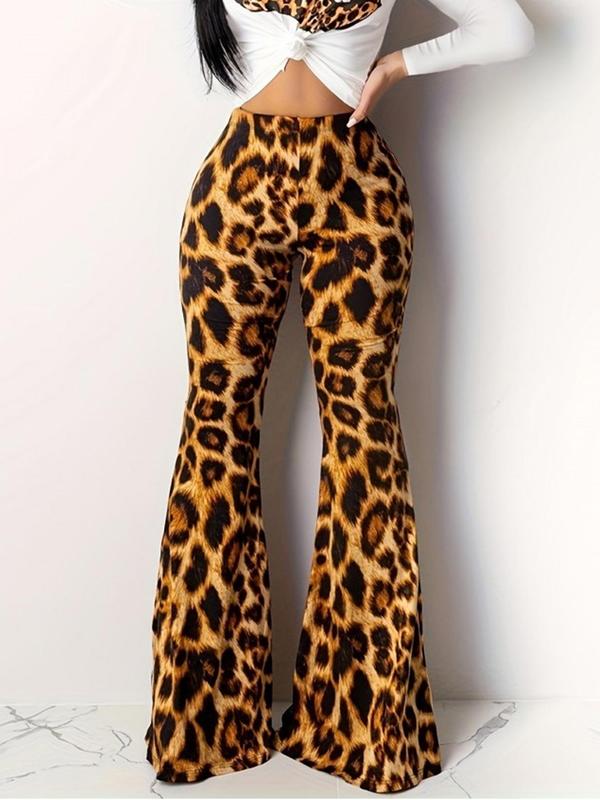 Women's Leopard Print Flare Leg Pants, Casual Comfy High Waist Bell Bottom Trousers for Daily Wear, Ladies Bottoms for All Seasons