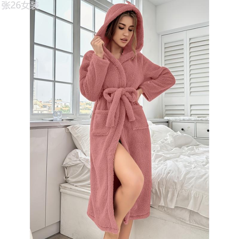 Women'S Plus Size Hooded Bathrobe, Polyester, V-Neck, Stretch Fabric, Solid Color, Long Sleeves, with Belt, Autumn Winter Home Robe, Knit (Hook) Womenswear Collar Womenswear Collar