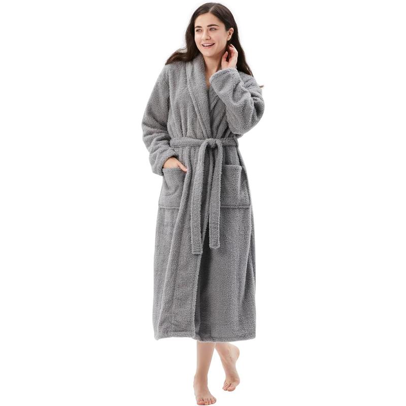 Women's Fleece Bathrobe Shawl Collar and Hooded,Lounge Sleepwear Robe Side Pockets