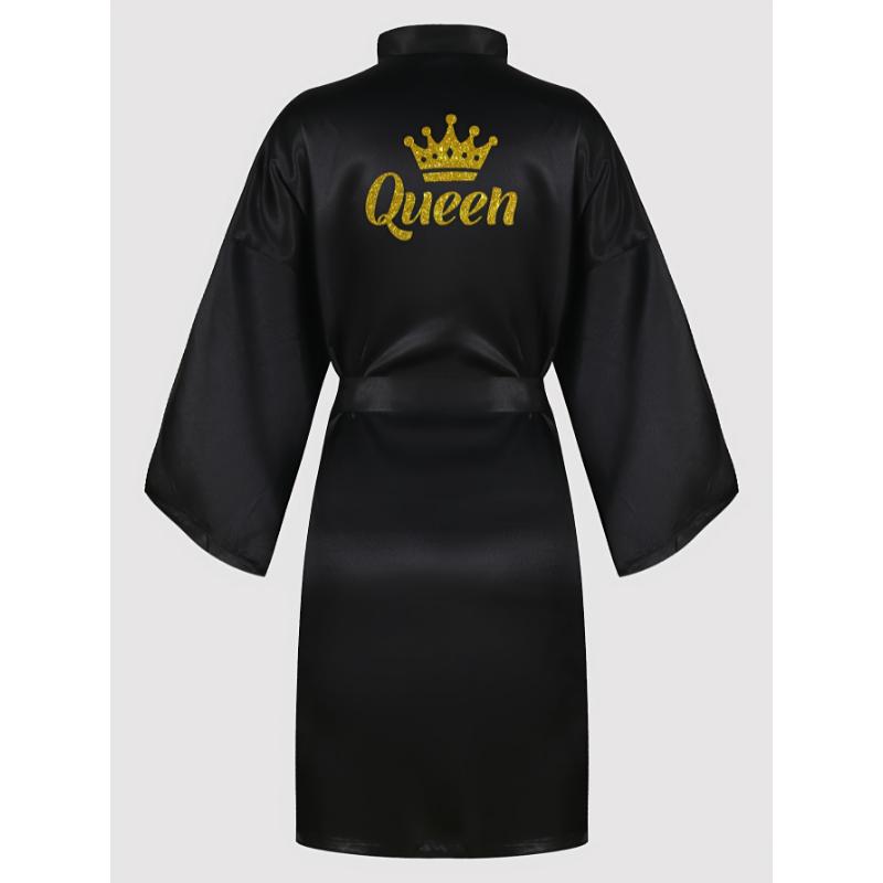 Queenly Chic - 3 4 Sleeve V-Neck Night Robe with Belt, Soft Womens Sleepwear featuring Letter Pattern for a Stylish Evening Comfort