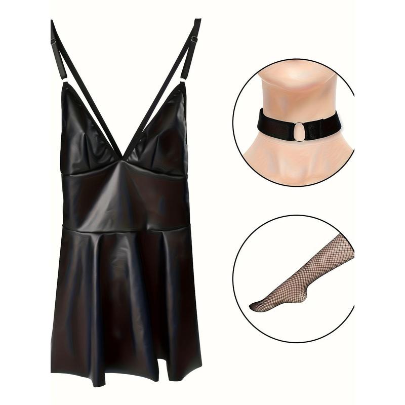 Women's black leather dress set, sexy women's dress, stockings, neck set, lovers sexy dress set, comfortable and breathable, suitable for all seasons