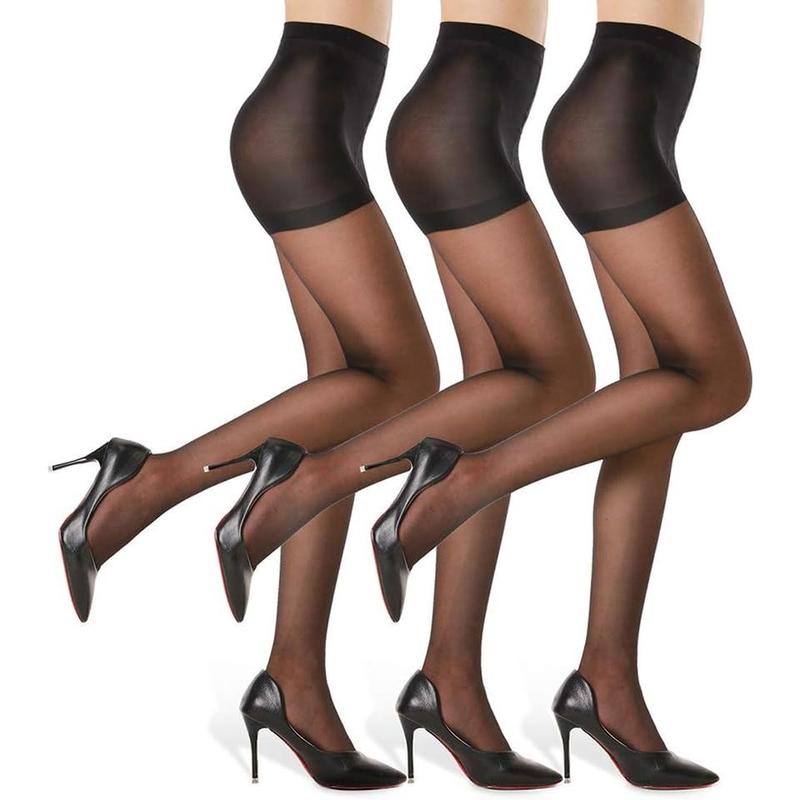 3 Pairs Women's Sheer Tights - 20D Control Top Pantyhose with Reinforced Toes Womenswear Underwear