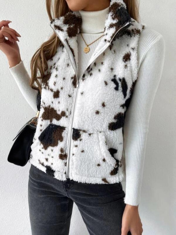 Women's Cow Print Zip Up Plush Gilet, Casual Pocket Collared High Neck Vest Outerwear for Fall & Winter, Winter Clothes Women, Clothing Tops for Lady Daily Wear, Going Out Outfits 2024, Fall Outfits Womenswear Gamis Summer Hoodie