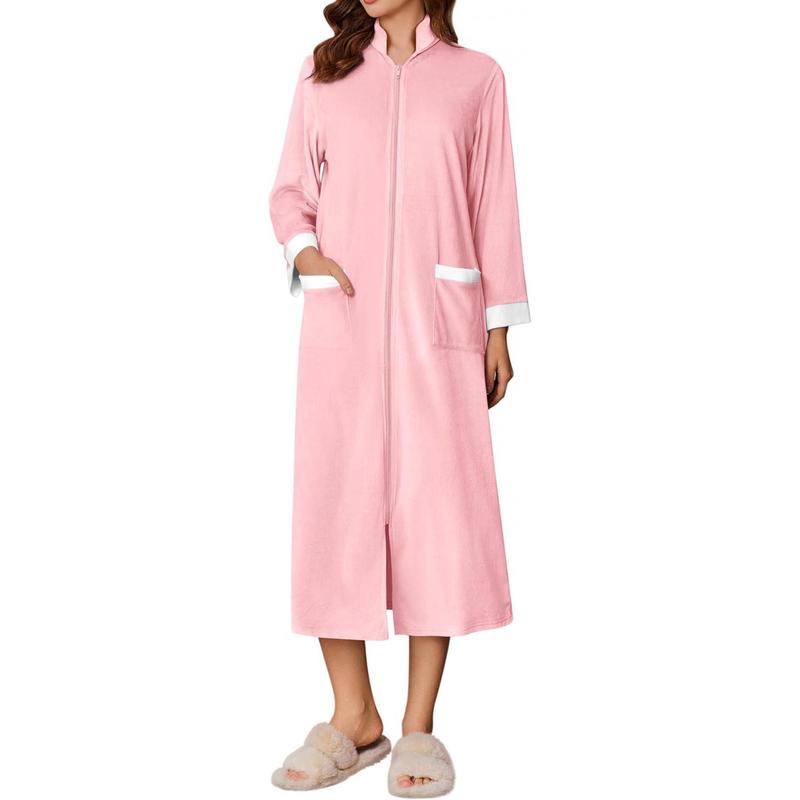 Women Zipper Robe Sleeve Coats Velour Robes Bathrobe Pockets Nightgown S3XL