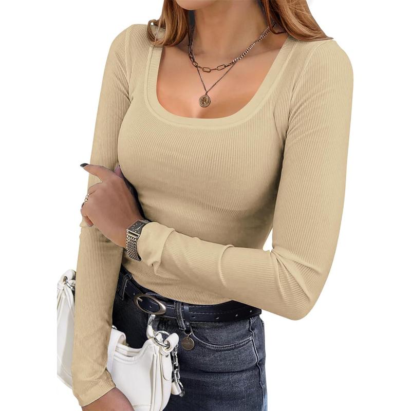 Womens Long Sleeve Shirts Square Neck Slim Fit Basic Tops Ribbed Thermal Undershirts Layering Tee