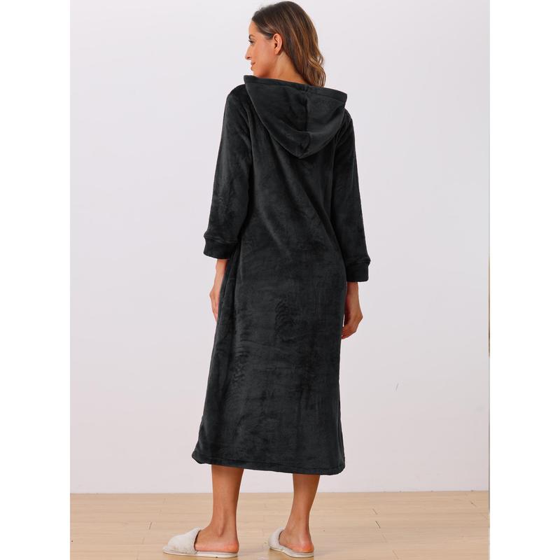 cheibear Womens Flannel Robe Fluffy Plush Long Zip Front Bathrobe with Pockets Warm Zippered Black