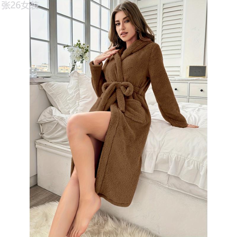 Women'S Plus Size Hooded Bathrobe, Polyester, V-Neck, Stretch Fabric, Solid Color, Long Sleeves, with Belt, Autumn Winter Home Robe, Knit (Hook) Womenswear Collar Womenswear Collar