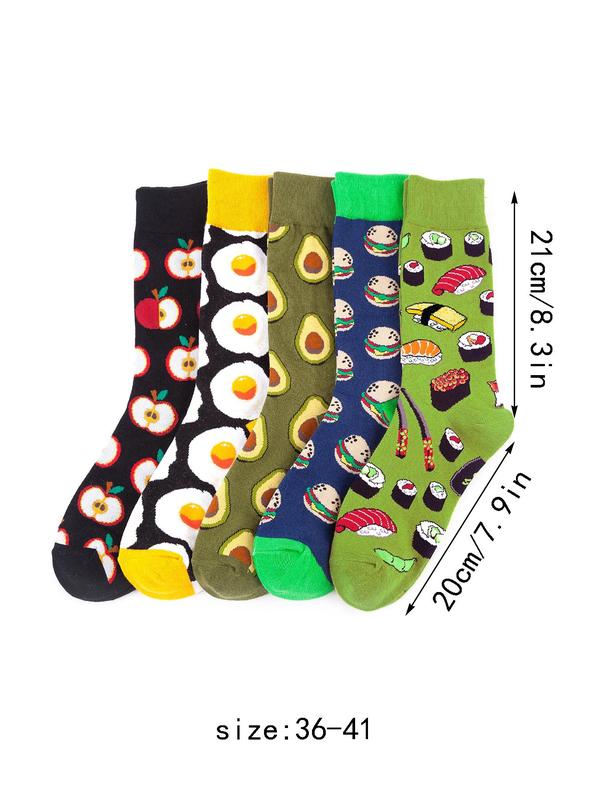 Women's 5 Pairs Cartoon Food Print Crew Socks, Fashion Casual Socks for Daily Outdoor Wear, Women Socks for All Seasons