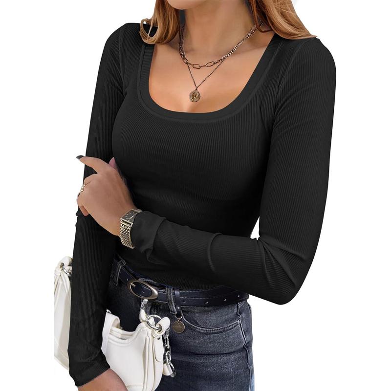 Womens Long Sleeve Shirts Square Neck Slim Fit Basic Tops Ribbed Thermal Undershirts Layering Tee
