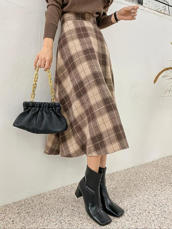 Women's Plaid Print Flared Skirt, Elegant Fashion Casual Midi Skirt for Daily Outdoor Wear, Women's Bottoms for Fall & Winter