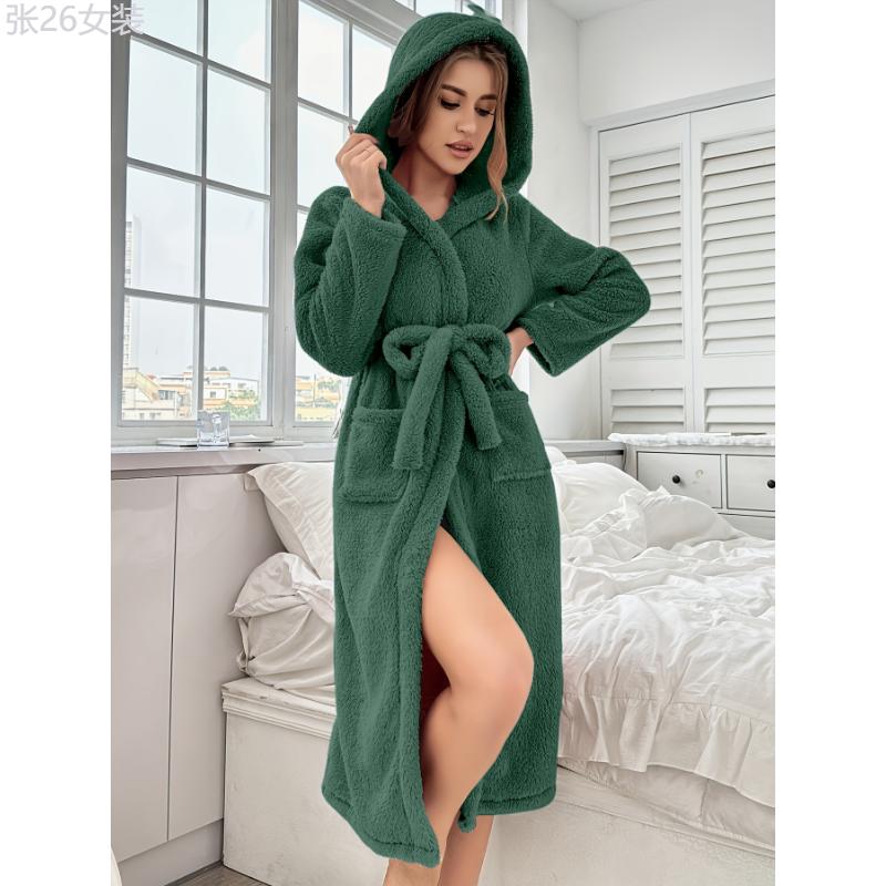 Women'S Plus Size Hooded Bathrobe, Polyester, V-Neck, Stretch Fabric, Solid Color, Long Sleeves, with Belt, Autumn Winter Home Robe, Knit (Hook) Womenswear Collar Womenswear Collar