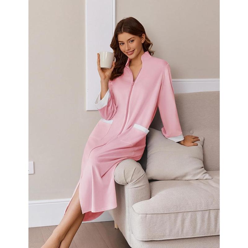 Women Zipper Robe Sleeve Coats Velour Robes Bathrobe Pockets Nightgown S3XL