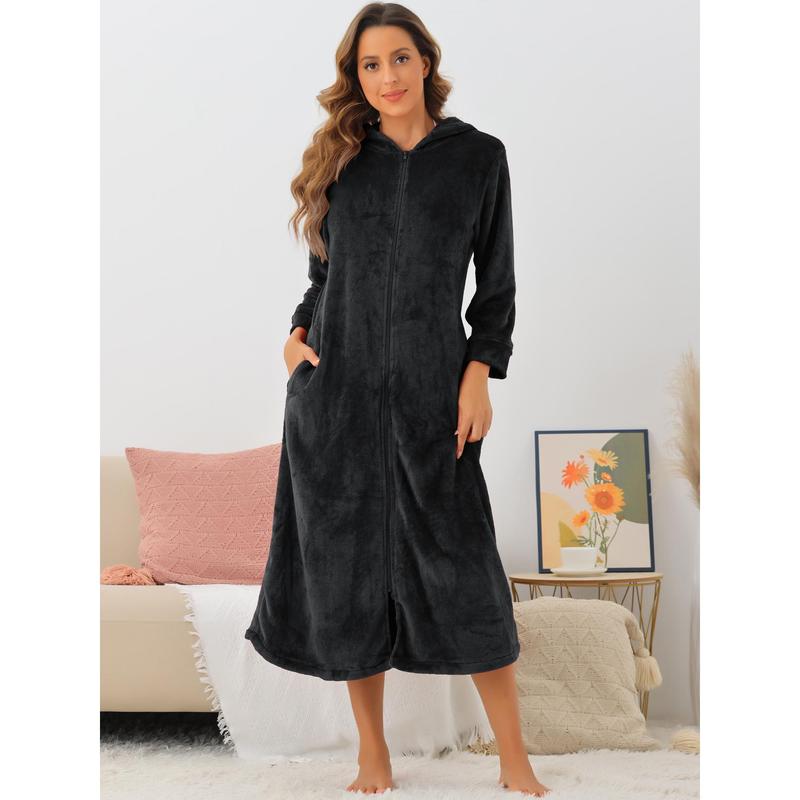 cheibear Womens Flannel Robe Fluffy Plush Long Zip Front Bathrobe with Pockets Warm Zippered Black