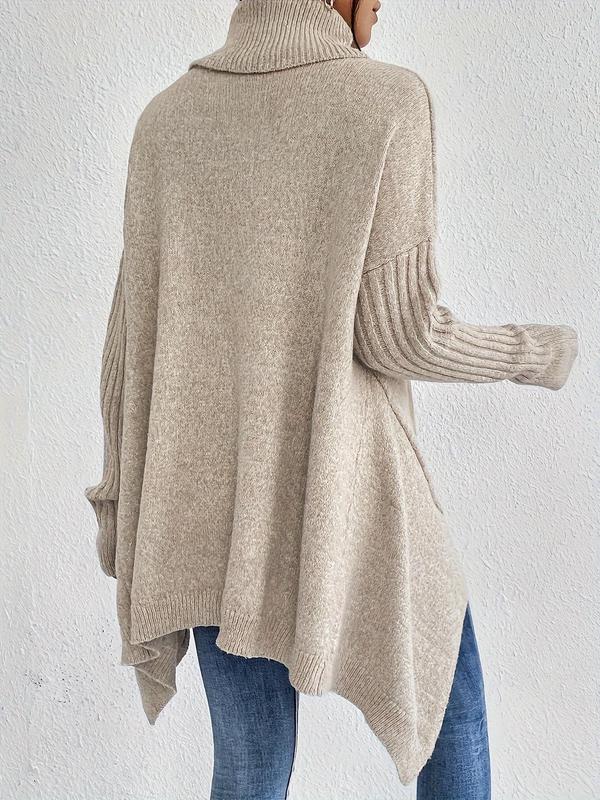 Women's Plain Asymmetrical Hem Turtleneck Sweater, Casual Long Sleeve Drop Shoulder Jumper for Fall & Winter, Women's Knitwear for Daily Wear