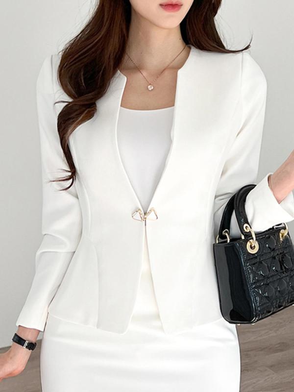 Women's Solid Long Sleeve Blazer, Elegant  Buckle Front Outerwear for Work Office Business, Ladies Clothes for All Seasons