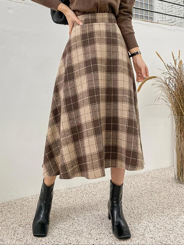 Women's Plaid Print Flared Skirt, Elegant Fashion Casual Midi Skirt for Daily Outdoor Wear, Women's Bottoms for Fall & Winter