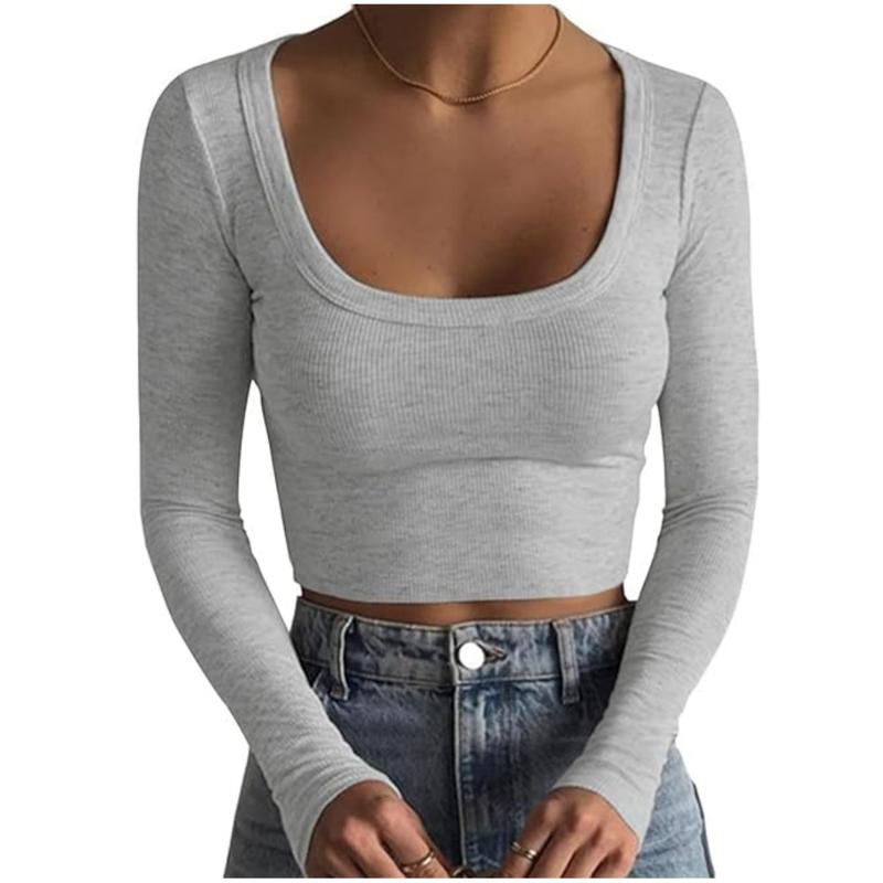 Women's Y2k Square Neck Long Sleeve Ribbed Knit Crop Tops Slim Fitted Casual Basic T-Shirts leisure wear top underlining