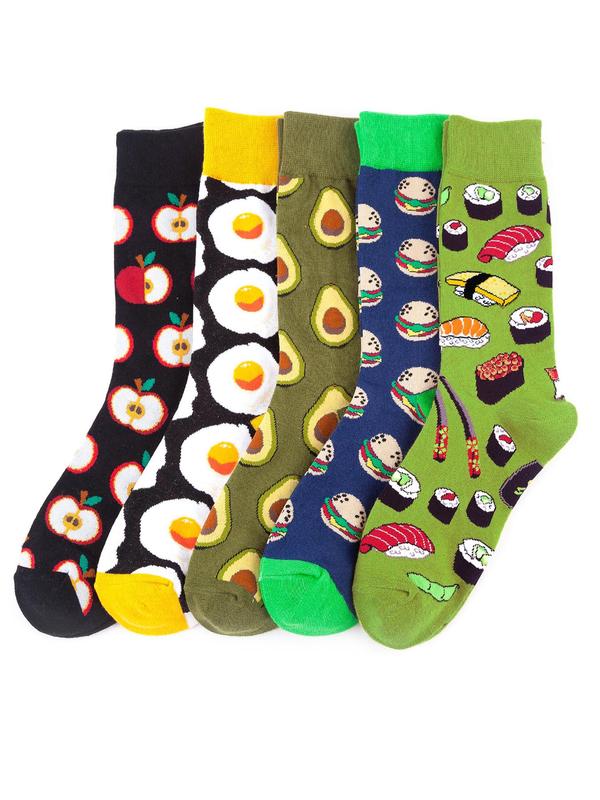 Women's 5 Pairs Cartoon Food Print Crew Socks, Fashion Casual Socks for Daily Outdoor Wear, Women Socks for All Seasons