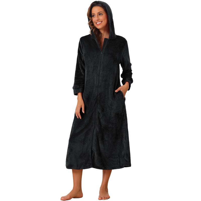 cheibear Womens Flannel Robe Fluffy Plush Long Zip Front Bathrobe with Pockets Warm Zippered Black