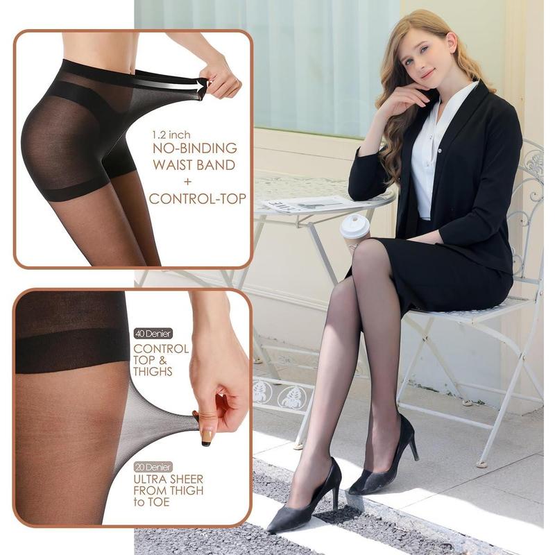 3 Pairs Women's Sheer Tights - 20D Control Top Pantyhose with Reinforced Toes Womenswear Underwear