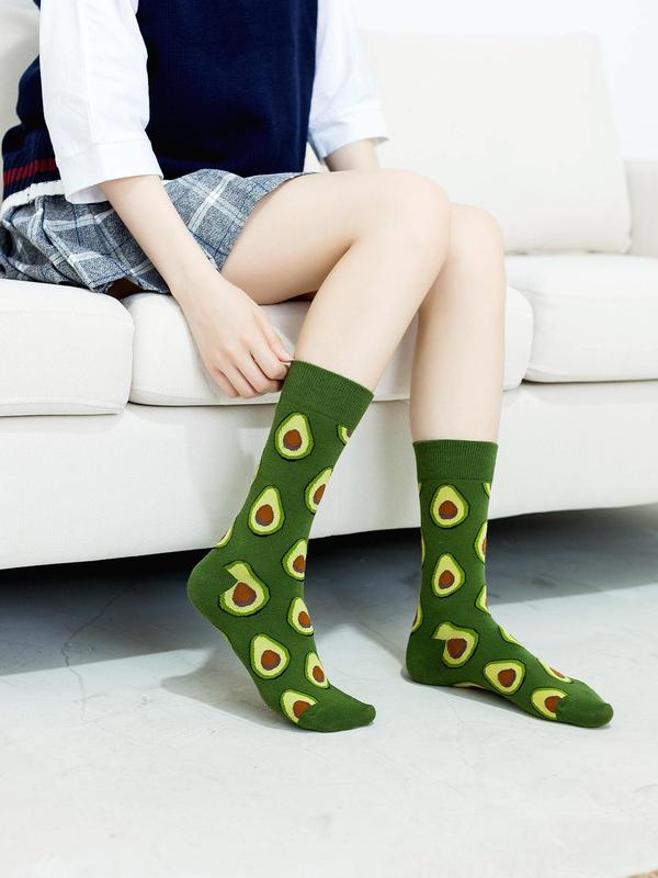 Women's 5 Pairs Cartoon Food Print Crew Socks, Fashion Casual Socks for Daily Outdoor Wear, Women Socks for All Seasons