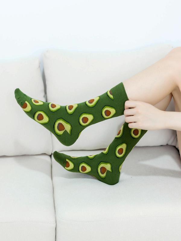 Women's 5 Pairs Cartoon Food Print Crew Socks, Fashion Casual Socks for Daily Outdoor Wear, Women Socks for All Seasons