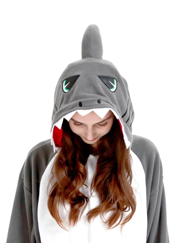 Women's Cartoon Shark Design 3D Ear Design Polar Fleece Hooded Jumpsuit, Casual Comfy Pocket Loungewear for Fall & Winter, Womenswear