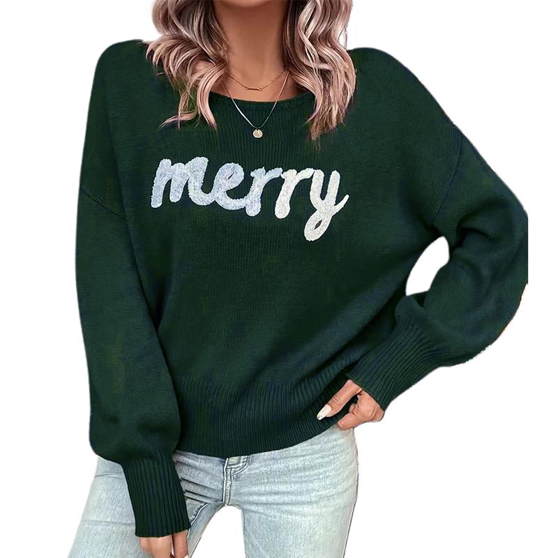 Women Christmas Cute Sweaters Casual Letter Embroidery Comfy Warm Long Sleeve Pullover Basic Knitwear for Streetwear Womenswear Fashion