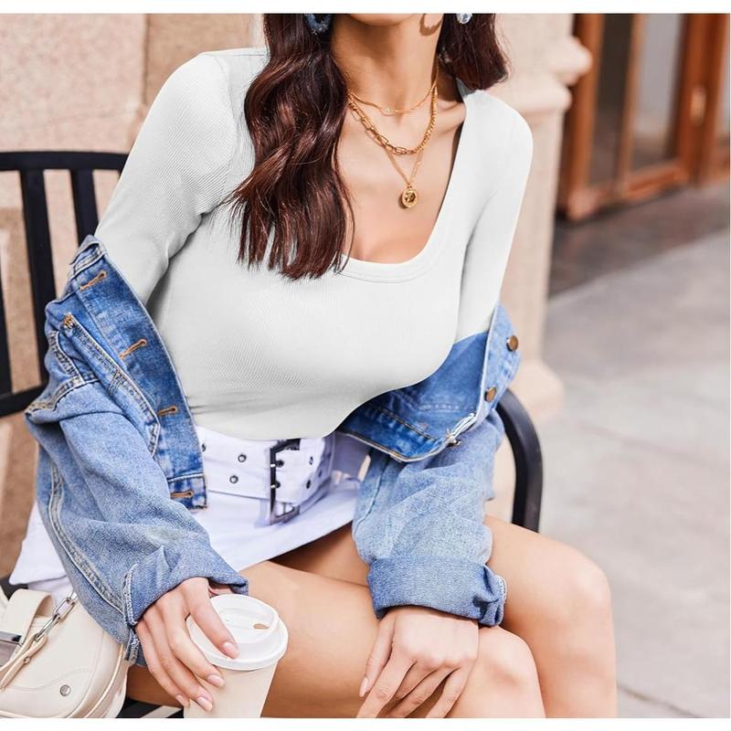 Womens Long Sleeve Shirts Square Neck Slim Fit Basic Tops Ribbed Thermal Undershirts Layering Tee
