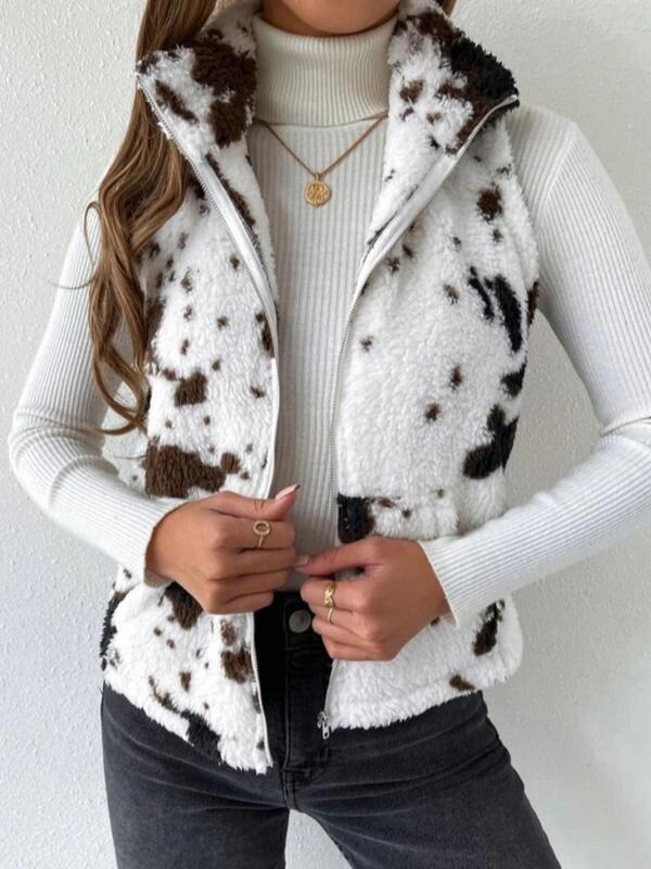 Women's Cow Print Zip Up Plush Gilet, Casual Pocket Collared High Neck Vest Outerwear for Fall & Winter, Winter Clothes Women, Clothing Tops for Lady Daily Wear, Going Out Outfits 2024, Fall Outfits Womenswear Gamis Summer Hoodie