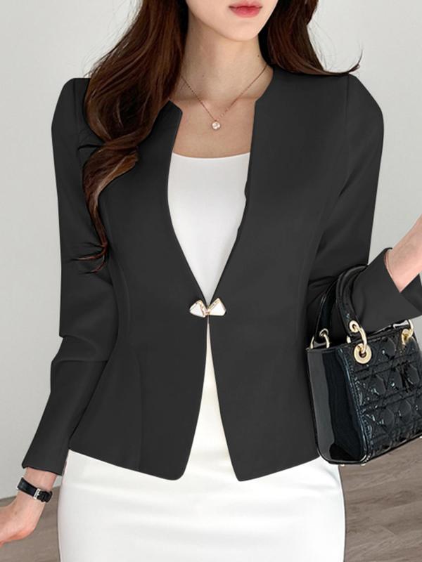 Women's Solid Long Sleeve Blazer, Elegant  Buckle Front Outerwear for Work Office Business, Ladies Clothes for All Seasons