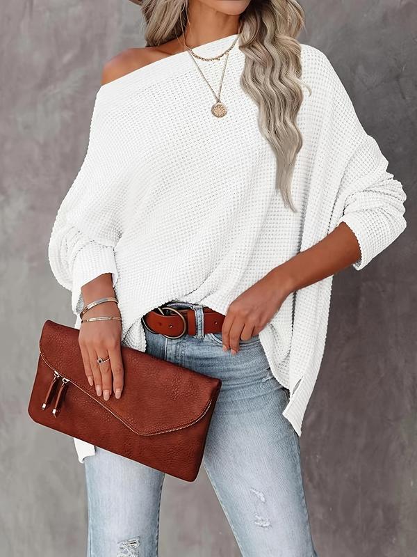  Solid Textured Asymmetrical Neck Batwing Sleeve Sweater, Casual Long Sleeve Jumper for Daily Outdoor Wear, Sweaters for Women, Women Plus Clothing for All Seasons, Going Out Outfits 2024