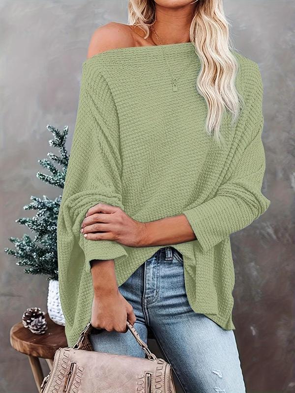  Solid Textured Asymmetrical Neck Batwing Sleeve Sweater, Casual Long Sleeve Jumper for Daily Outdoor Wear, Sweaters for Women, Women Plus Clothing for All Seasons, Going Out Outfits 2024