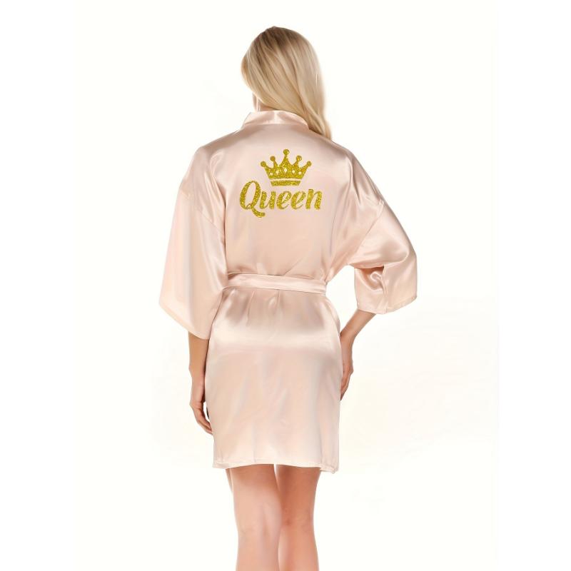 Queenly Chic - 3 4 Sleeve V-Neck Night Robe with Belt, Soft Womens Sleepwear featuring Letter Pattern for a Stylish Evening Comfort