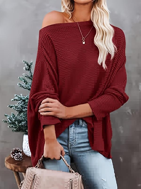  Solid Textured Asymmetrical Neck Batwing Sleeve Sweater, Casual Long Sleeve Jumper for Daily Outdoor Wear, Sweaters for Women, Women Plus Clothing for All Seasons, Going Out Outfits 2024