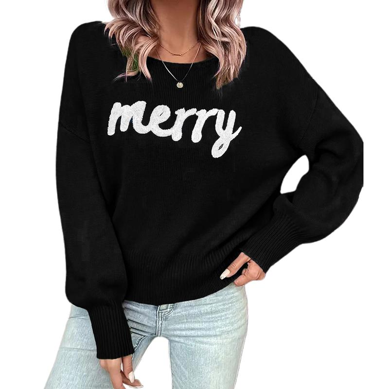 Women Christmas Cute Sweaters Casual Letter Embroidery Comfy Warm Long Sleeve Pullover Basic Knitwear for Streetwear Womenswear Fashion