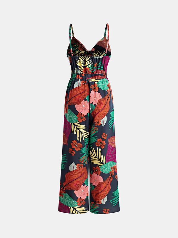 YOZY Women's Floral & Leaf Print Knot Front Cut Out Cami Jumpsuit, Casual Adjustable Strap Backless Wide Leg Jumpsuit, Women's Summer Clothing