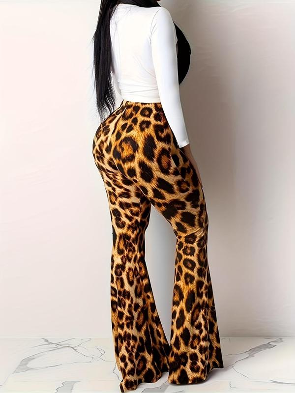 Women's Leopard Print Flare Leg Pants, Casual Comfy High Waist Bell Bottom Trousers for Daily Wear, Ladies Bottoms for All Seasons