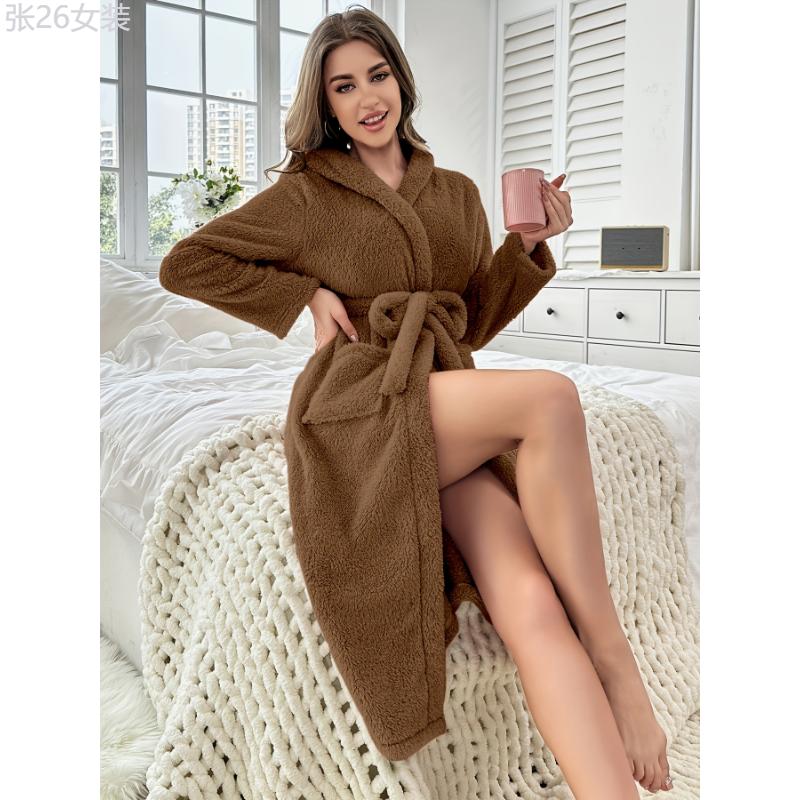 Women'S Plus Size Hooded Bathrobe, Polyester, V-Neck, Stretch Fabric, Solid Color, Long Sleeves, with Belt, Autumn Winter Home Robe, Knit (Hook) Womenswear Collar Womenswear Collar