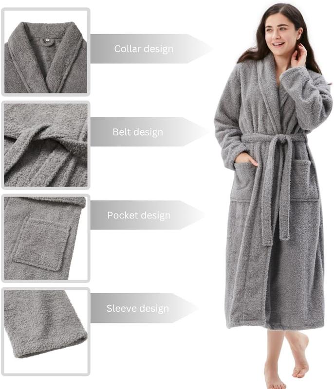 Women's Fleece Bathrobe Shawl Collar and Hooded,Lounge Sleepwear Robe Side Pockets