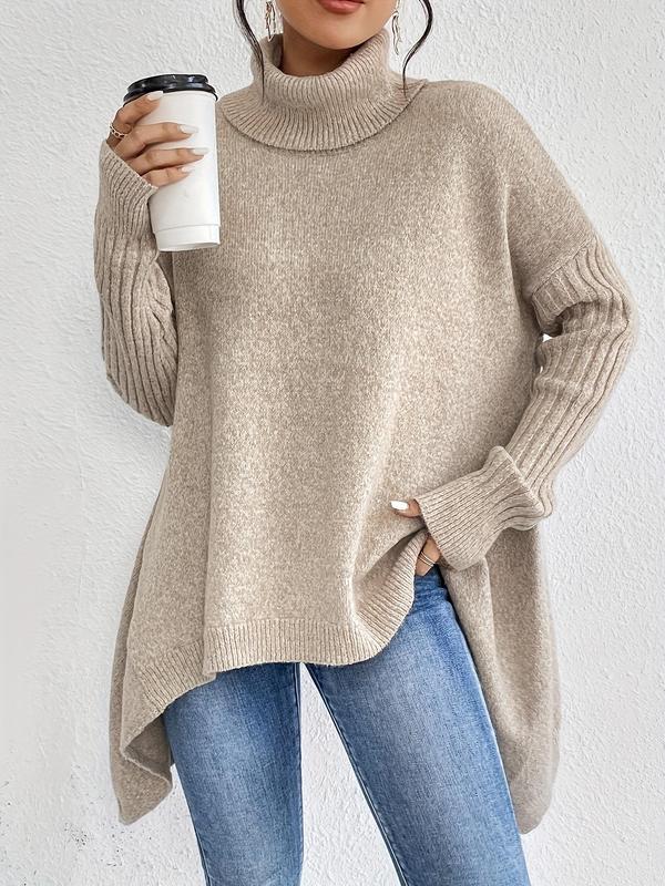 Women's Plain Asymmetrical Hem Turtleneck Sweater, Casual Long Sleeve Drop Shoulder Jumper for Fall & Winter, Women's Knitwear for Daily Wear