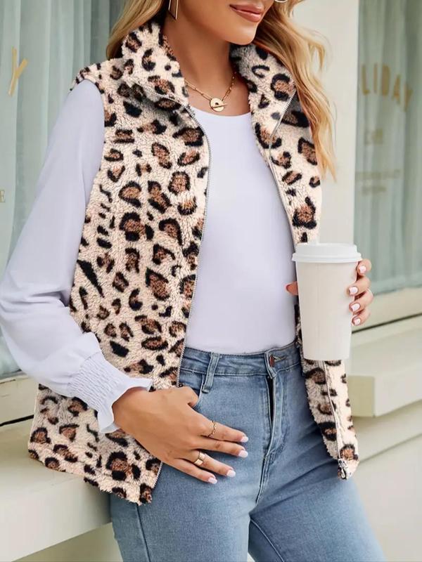 Women's Cow Print Zip Up Plush Gilet, Casual Pocket Collared High Neck Vest Outerwear for Fall & Winter, Winter Clothes Women, Clothing Tops for Lady Daily Wear, Going Out Outfits 2024, Fall Outfits Womenswear Gamis Summer Hoodie