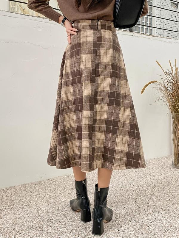 Women's Plaid Print Flared Skirt, Elegant Fashion Casual Midi Skirt for Daily Outdoor Wear, Women's Bottoms for Fall & Winter