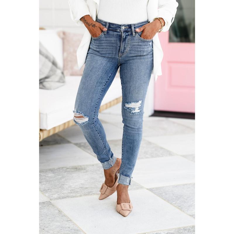 Judy Blue Easy Street Mid Rise Medium Wash Distressed Cuffed Skinny Jeans