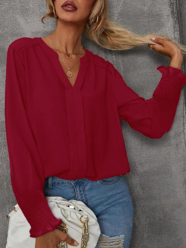 Women's Plain V Neck Long Sleeve Blouse, Casual Solid Top for Fall & Winter, Women's Clothing for Daily Wear