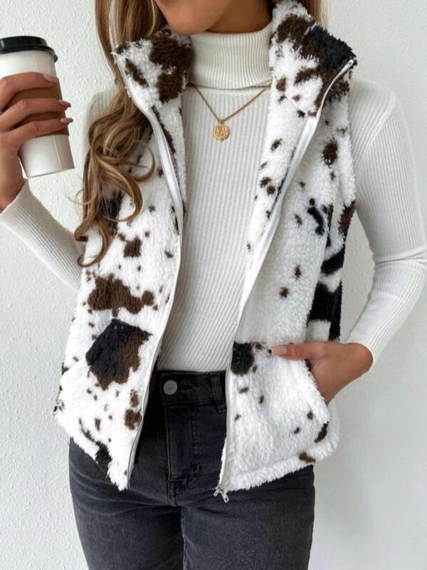 Women's Cow Print Zip Up Plush Gilet, Casual Pocket Collared High Neck Vest Outerwear for Fall & Winter, Winter Clothes Women, Clothing Tops for Lady Daily Wear, Going Out Outfits 2024, Fall Outfits Womenswear Gamis Summer Hoodie