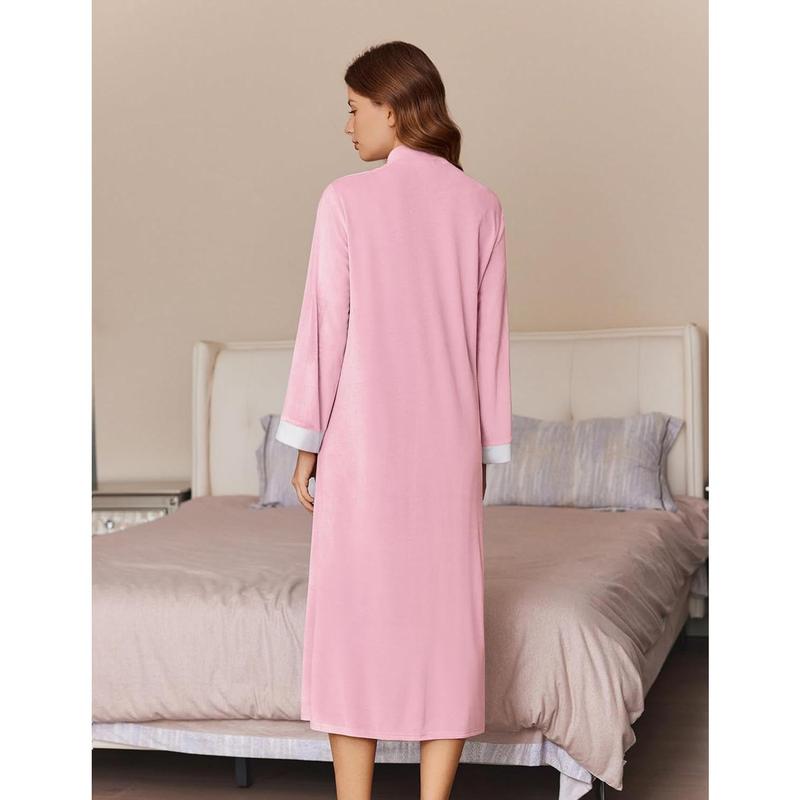 Women Zipper Robe Sleeve Coats Velour Robes Bathrobe Pockets Nightgown S3XL