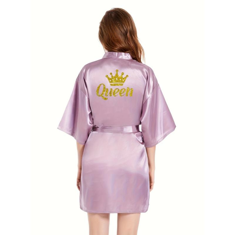 Queenly Chic - 3 4 Sleeve V-Neck Night Robe with Belt, Soft Womens Sleepwear featuring Letter Pattern for a Stylish Evening Comfort