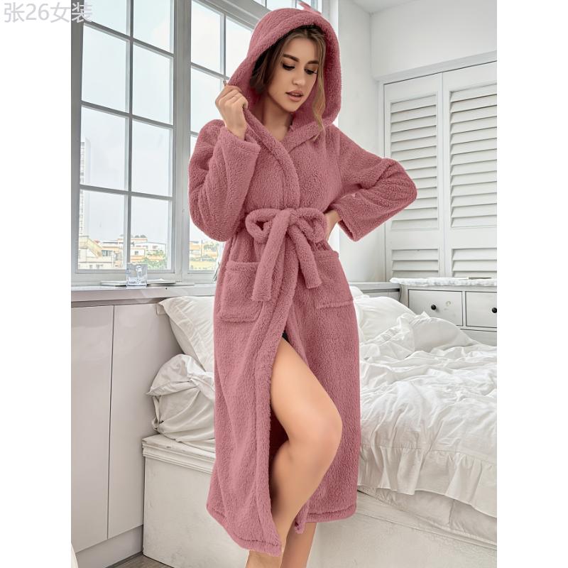 Women'S Plus Size Hooded Bathrobe, Polyester, V-Neck, Stretch Fabric, Solid Color, Long Sleeves, with Belt, Autumn Winter Home Robe, Knit (Hook) Womenswear Collar Womenswear Collar