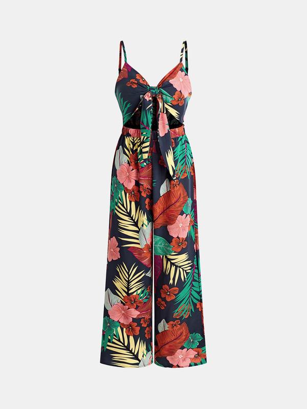 YOZY Women's Floral & Leaf Print Knot Front Cut Out Cami Jumpsuit, Casual Adjustable Strap Backless Wide Leg Jumpsuit, Women's Summer Clothing